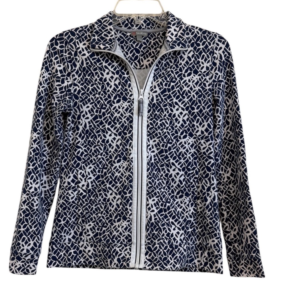 Talbots Womens Navy White Floral Geometric Full Zip Jacket Petite P VN5056